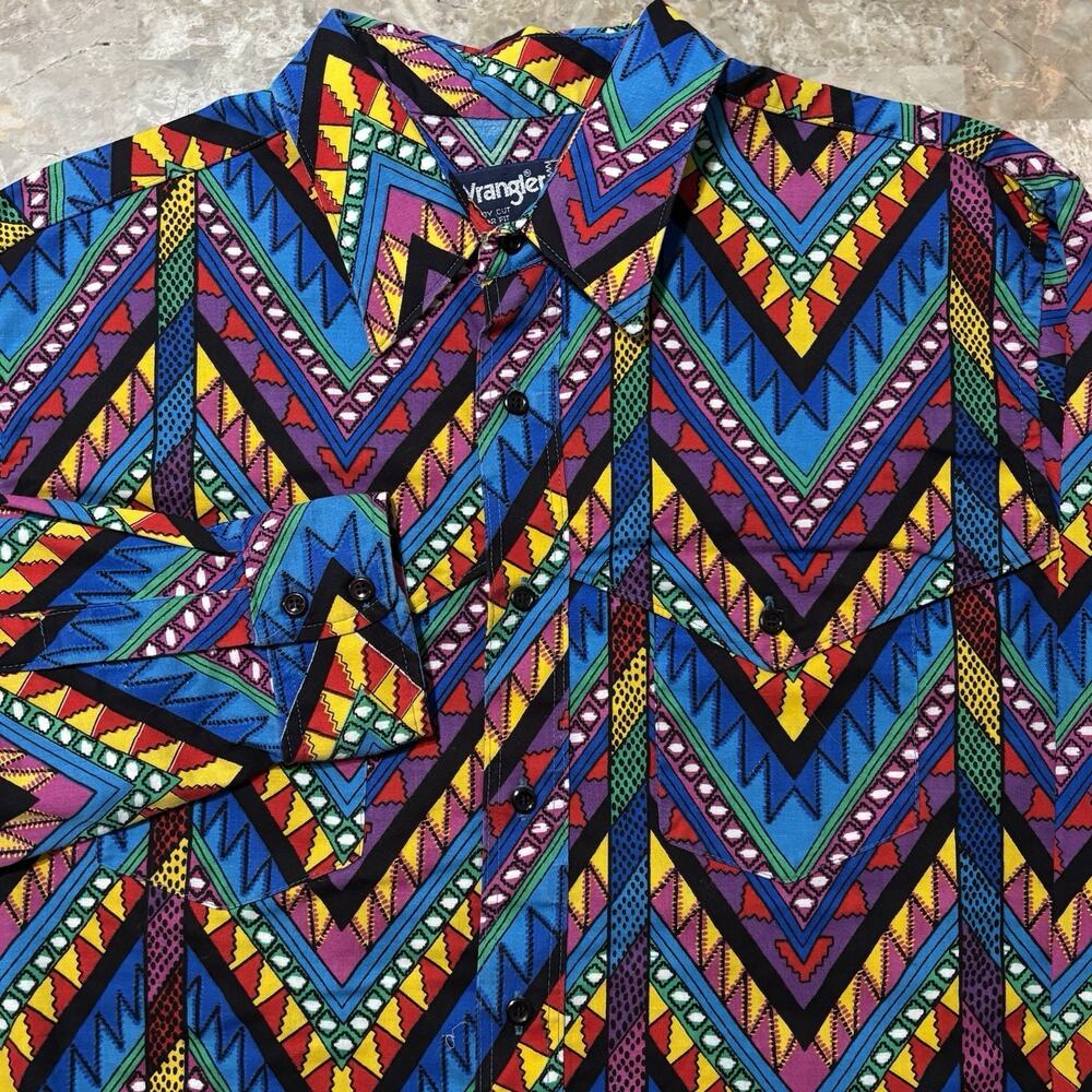 Wrangler Shirt Mens XL 17.5 36 Long Tails Aztec Colorful Long Sleeve Rodeo